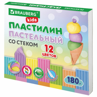картинка Пластилин классический пастельные цвета BRAUBERG KIDS, 12 цветов, 180 грамм, стек, 106681 от магазина МОЛТИ