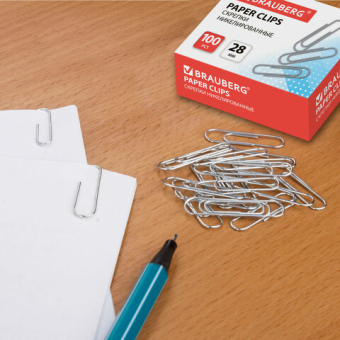 картинка Скрепки BRAUBERG, 28 мм, никелированные, 100 шт., в картонной коробке, Россия, 221523 от магазина МОЛТИ