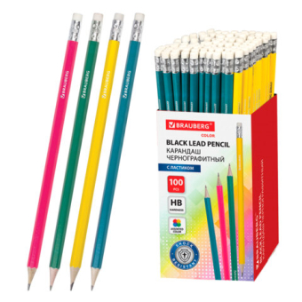 картинка Карандаш чернографитный BRAUBERG, 1 шт., "Fluor", НВ, с ластиком, корпус неоновый ассорти, заточенный, 180613 от магазина МОЛТИ