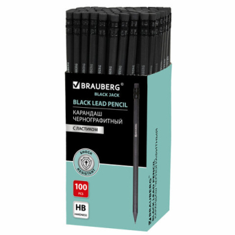 картинка Карандаш чернографитный BRAUBERG, 1 шт., "Black Jack", НВ, с ластиком, черное дерево, корпус черный, 180609 от магазина МОЛТИ