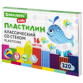 картинка Пластилин классический BRAUBERG KIDS, 16 цветов, 320 г, со стеком, 106508 от магазина МОЛТИ