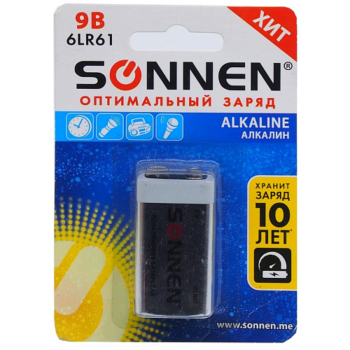 Батарейка SONNEN Alkaline, Крона (6LR61, 6LF22, 1604A), алкалиновая, 1 шт, блистер, 451092