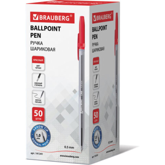 картинка Ручка шариковая BRAUBERG Line, КРАСНАЯ, корпус прозрачный, узел 1мм, линия письма 0,5мм, 141341 от магазина МОЛТИ
