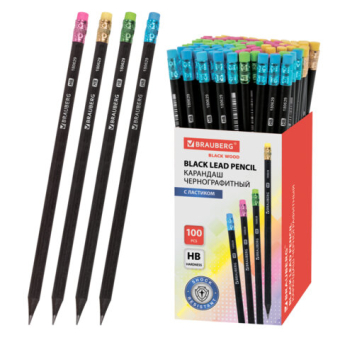 картинка Карандаш чернографитный BRAUBERG, 1 шт., "Black Wood", НВ, с ластиком ассорти, черное дерево, заточенный, 180629 от магазина МОЛТИ