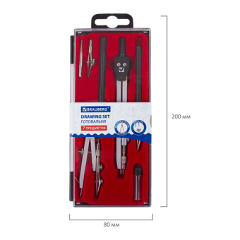 картинка Готовальня BRAUBERG "Architect", 7 предметов: циркуль + кронциркуль с рейсфедором, рейсфедер + держатель, 2 вставки, грифель, 210346 от магазина МОЛТИ