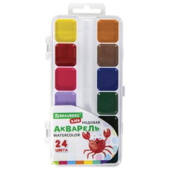 картинка Краски акварельные BRAUBERG KIDS, медовые, 24 цвета, квадратные кюветы, пластиковый пенал, 192284 от магазина МОЛТИ