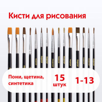 картинка Кисти ПИФАГОР, набор 15 шт. (ПОНИ - 9 шт., СИНТЕТИКА - 4 шт., ЩЕТИНА - 2 шт., круглые, плоские), блистер, 200504 от магазина МОЛТИ