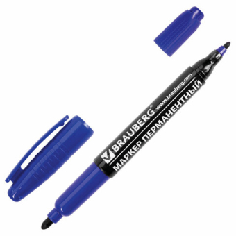 картинка Маркер перманентный двусторонний BRAUBERG, СИНИЙ, круглый наконечник, 2/4 мм, 150837 от магазина МОЛТИ