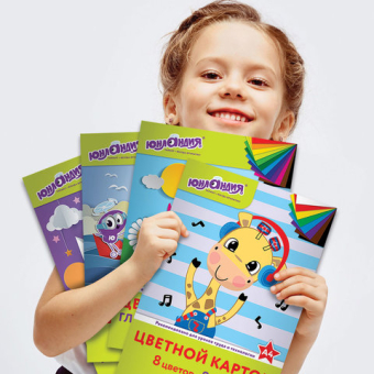 картинка Картон цветной А4 немелованный (матовый), 8 листов 8 цветов, в папке, ЮНЛАНДИЯ, 200х290 мм, "ВЕСЕЛЫЙ ЖИРАФИК", 129568 от магазина МОЛТИ