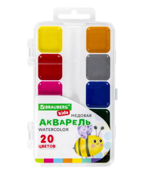 картинка Краски акварельные BRAUBERG KIDS, медовые, 20 цветов, квадратные кюветы, пластиковый пенал, 192283 от магазина МОЛТИ