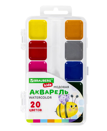 Краски акварельные BRAUBERG KIDS, медовые, 20 цветов, квадратные кюветы, пластиковый пенал, 192283