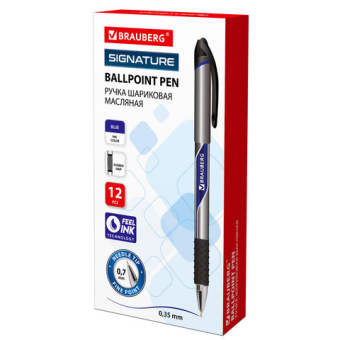 картинка Ручка шариковая масляная с грипом BRAUBERG "Signature", СИНЯЯ, печать, узел 0,7 мм, линия письма 0,35 мм, 142688 от магазина МОЛТИ