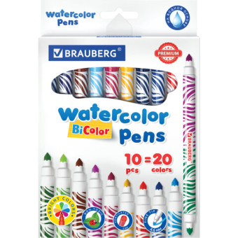 картинка Фломастеры двусторонние утолщенные BRAUBERG "PREMIUM" "BI-COLOR", 10 шт., 20 цветов, двухцветные, вентилируемый колпачок, 151945 от магазина МОЛТИ